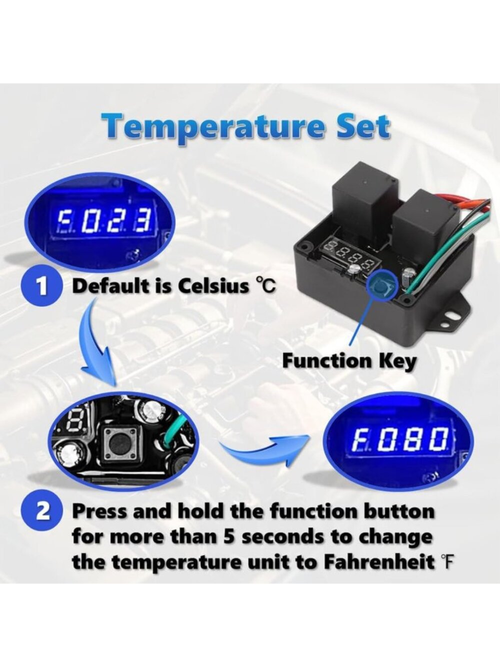 Digital Electric Radiator Fan Controller Kit, Adjustable Temp 104-230°F, LED - Picture 5 of 6